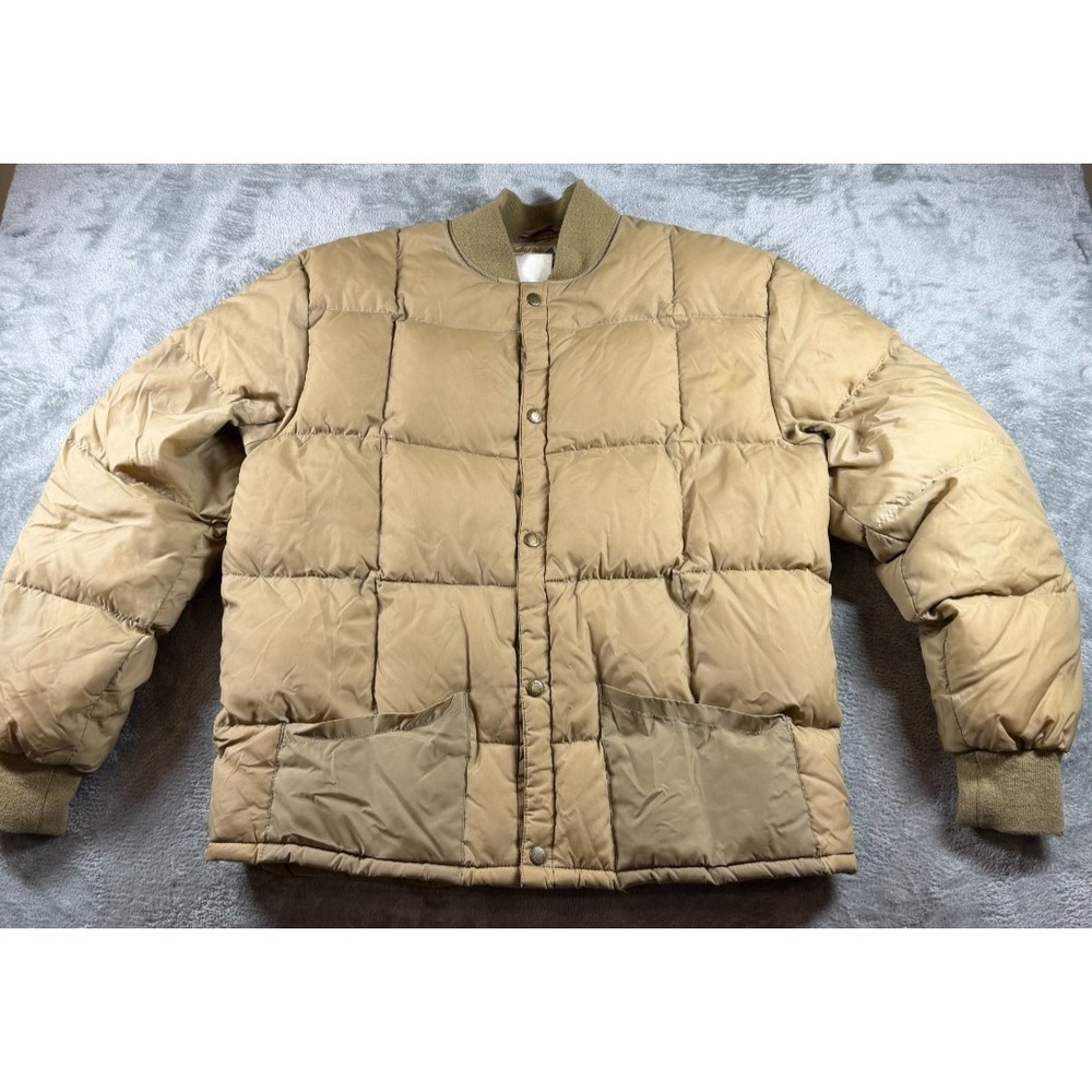 Vtg Cabela's Goose‎ Down Puffer Jacket Tan Bomber Coat USA Made Men L